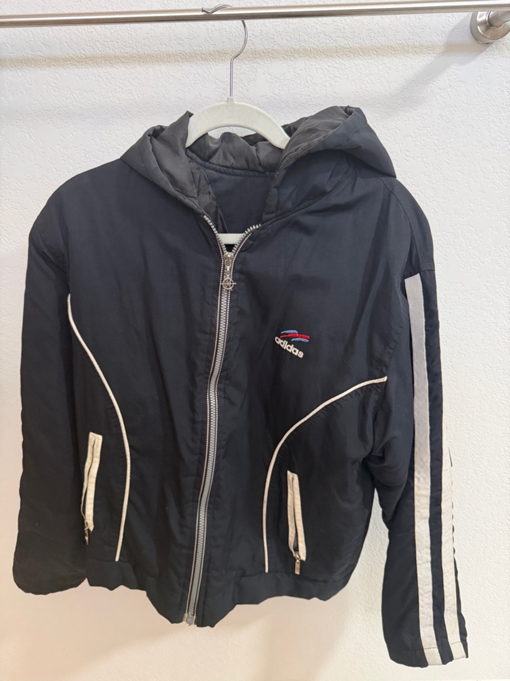 Black Hooded Puffer Jacket with White Trim